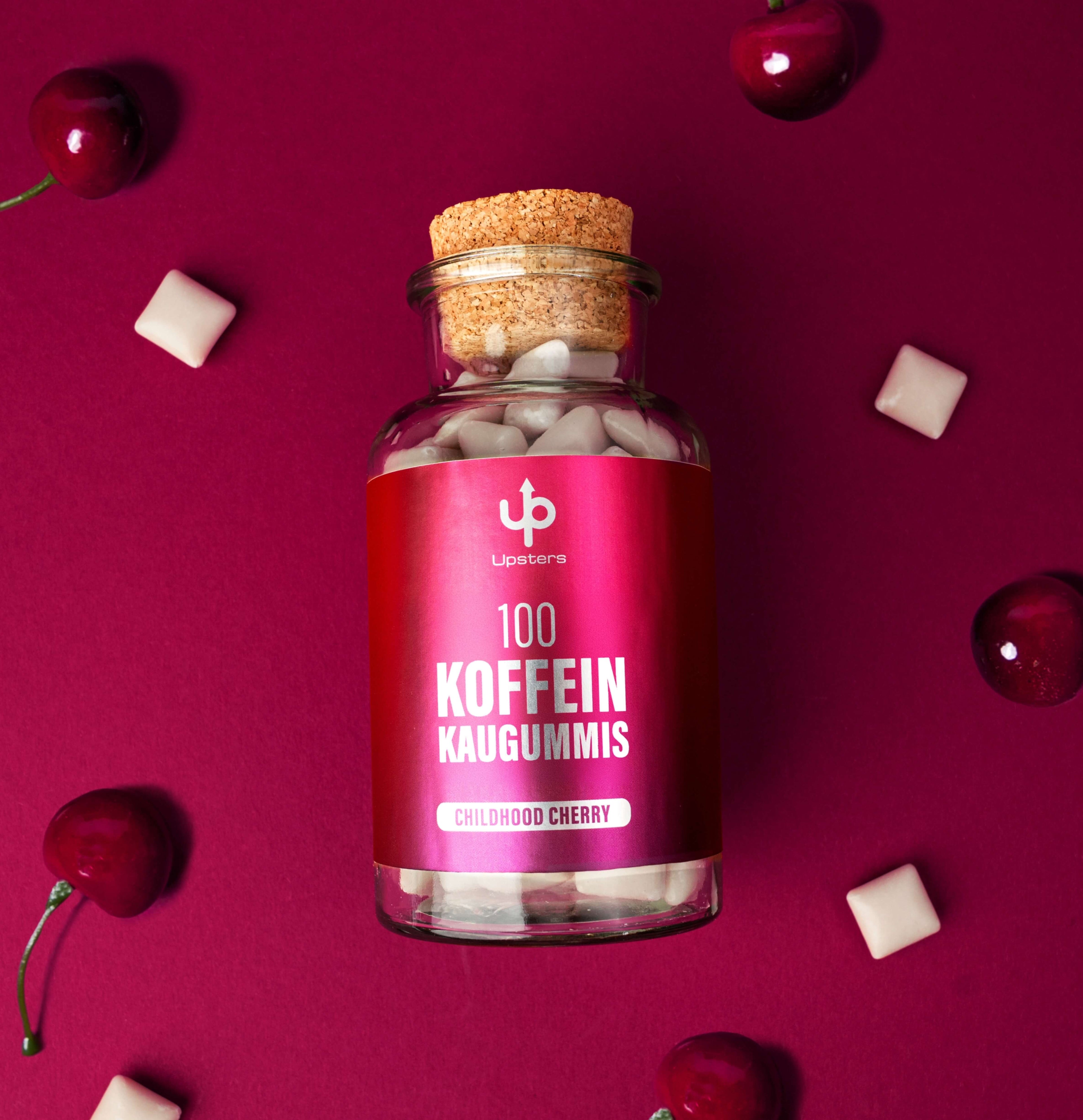 Koffein Kaugummi Childhood Cherry– 52 mg Koffein, vegan, zuckerfrei - Vorratsglas