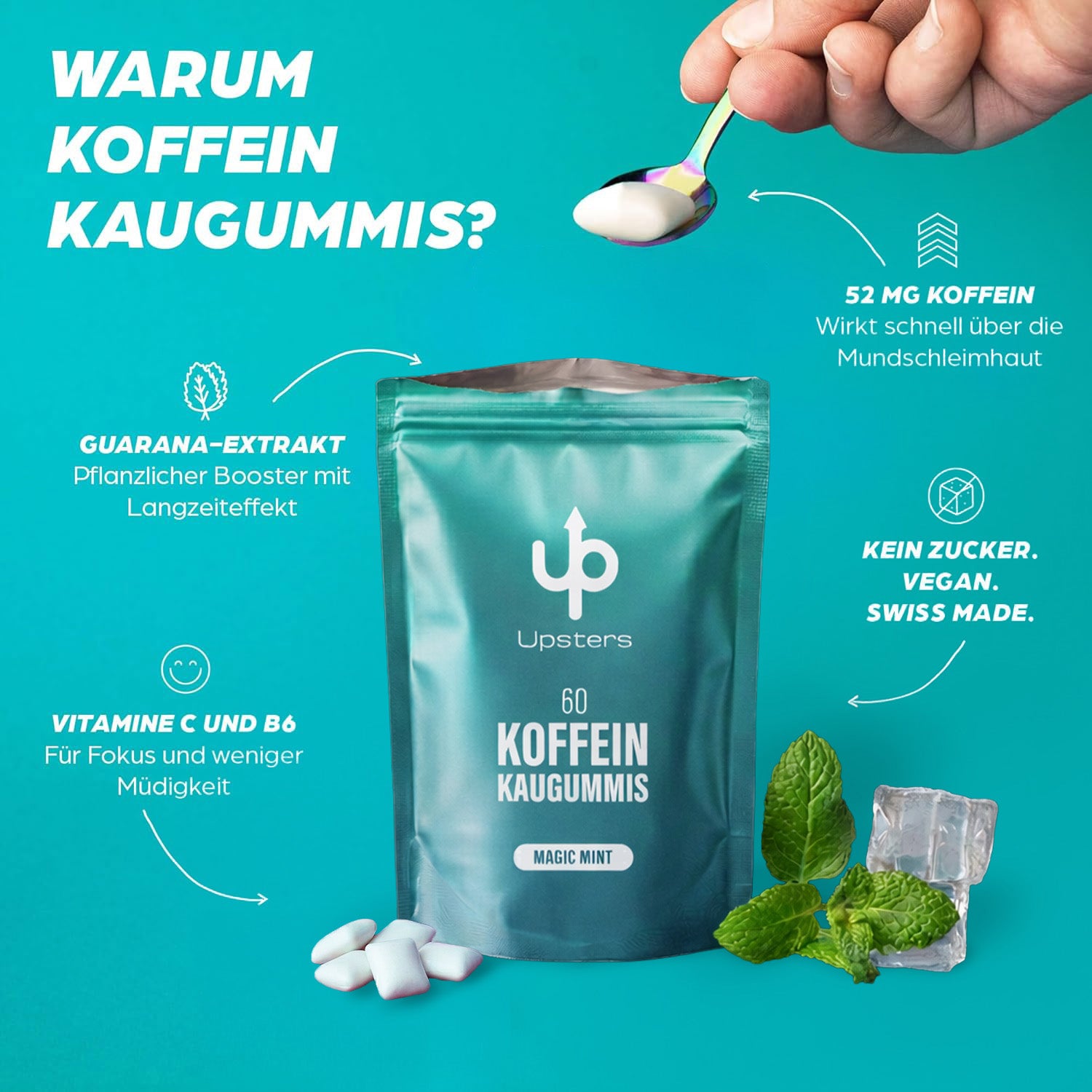 Koffein Kaugummi Magic Mint – 60 mg Koffein, vegan, zuckerfrei - Refillpack