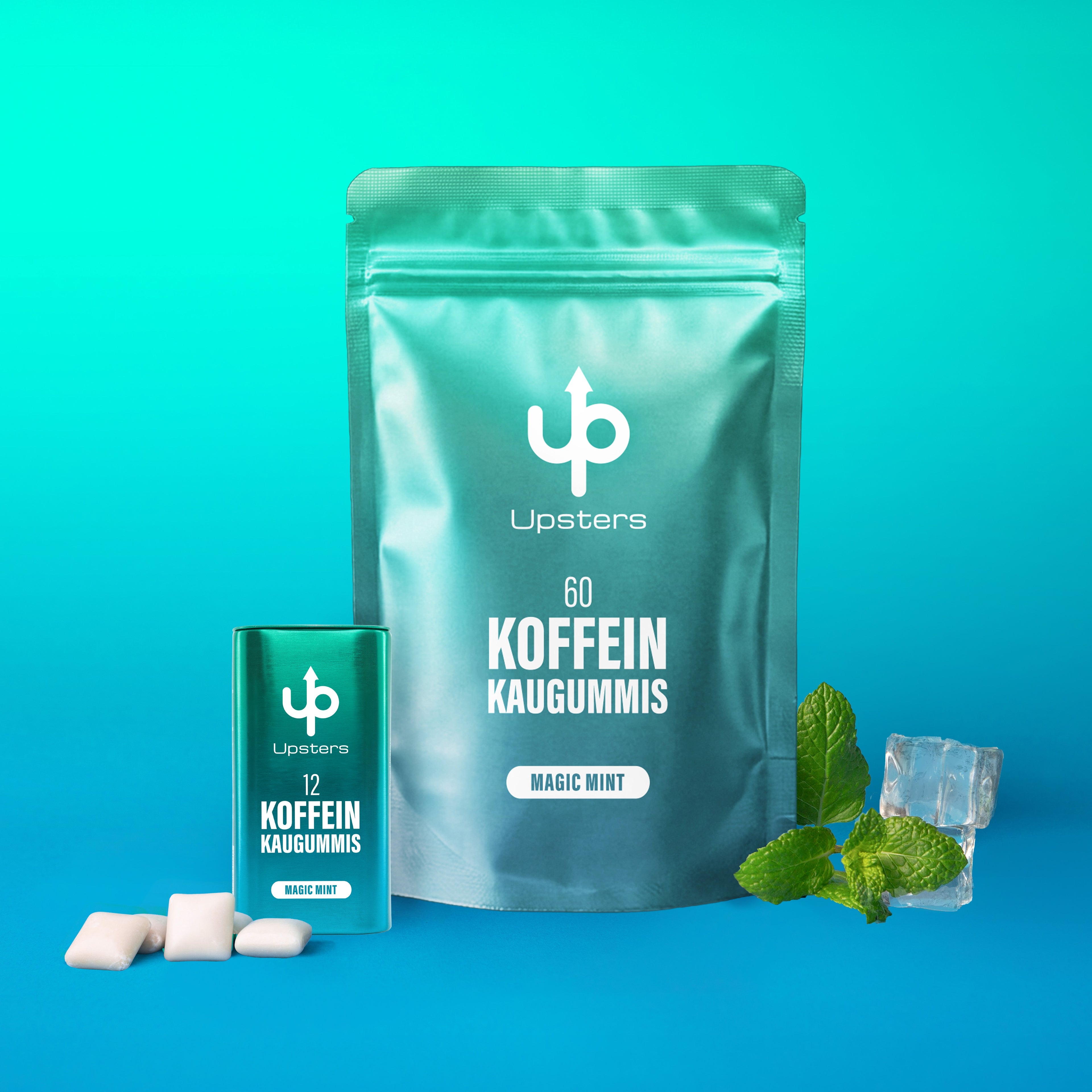 Koffein Kaugummi Magic Mint – 60 mg Koffein, vegan, zuckerfrei - Refillpack + Dose