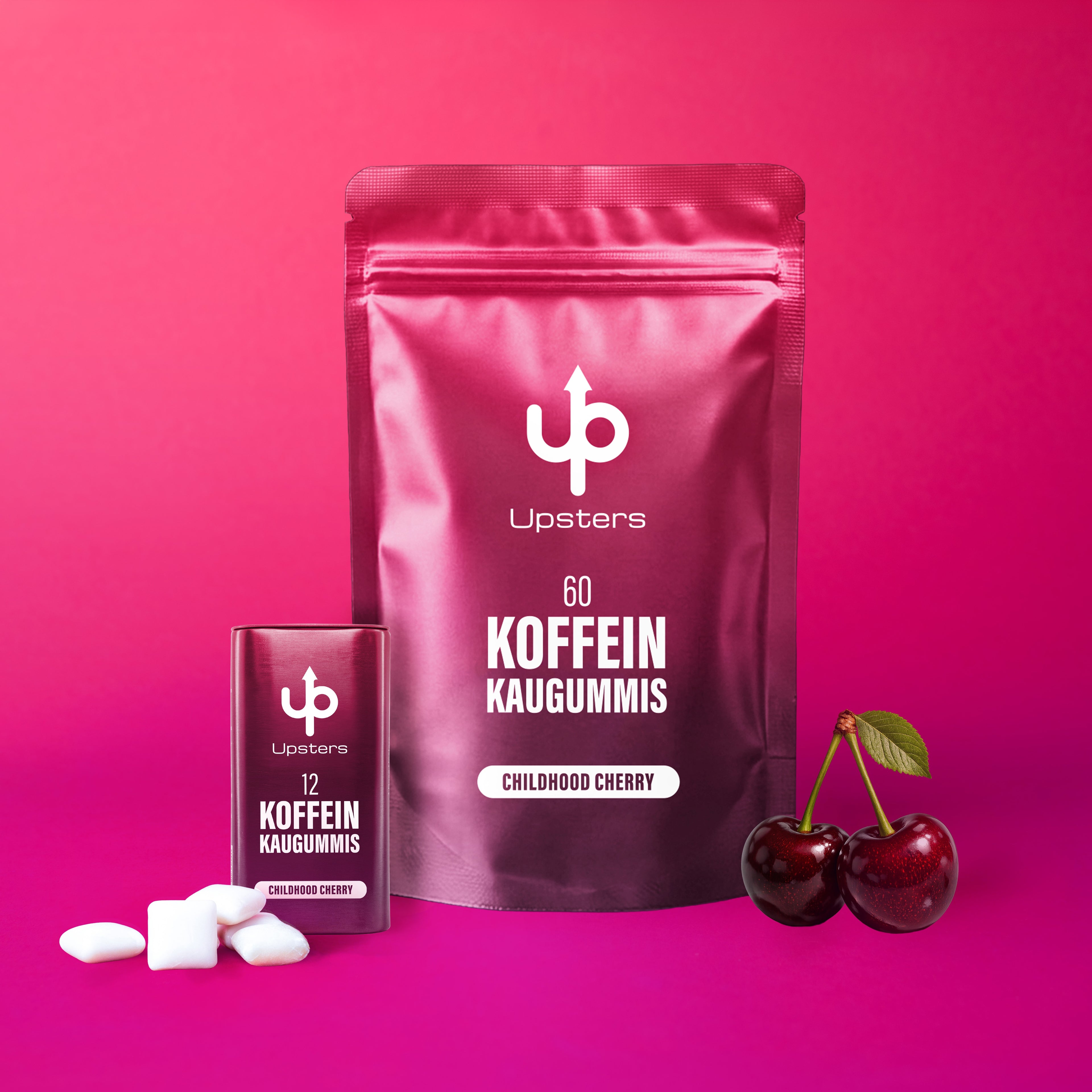 Koffein Kaugummi Childhood Cherry – 52 mg Koffein, vegan, zuckerfrei - Refillpack + Dose