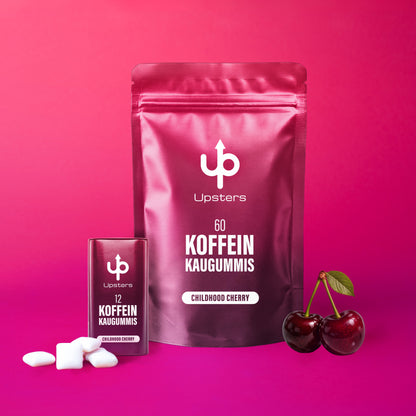 Koffein Kaugummi Childhood Cherry – 52 mg Koffein, vegan, zuckerfrei - Refillpack + Dose