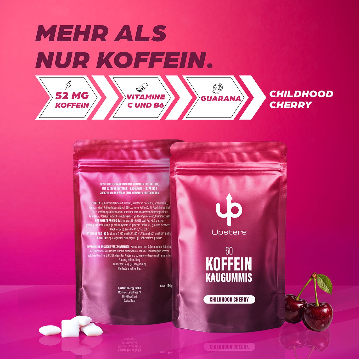 Koffein Kaugummi Childhood Cherry – 52 mg Koffein, vegan, zuckerfrei - Refillpack + Dose