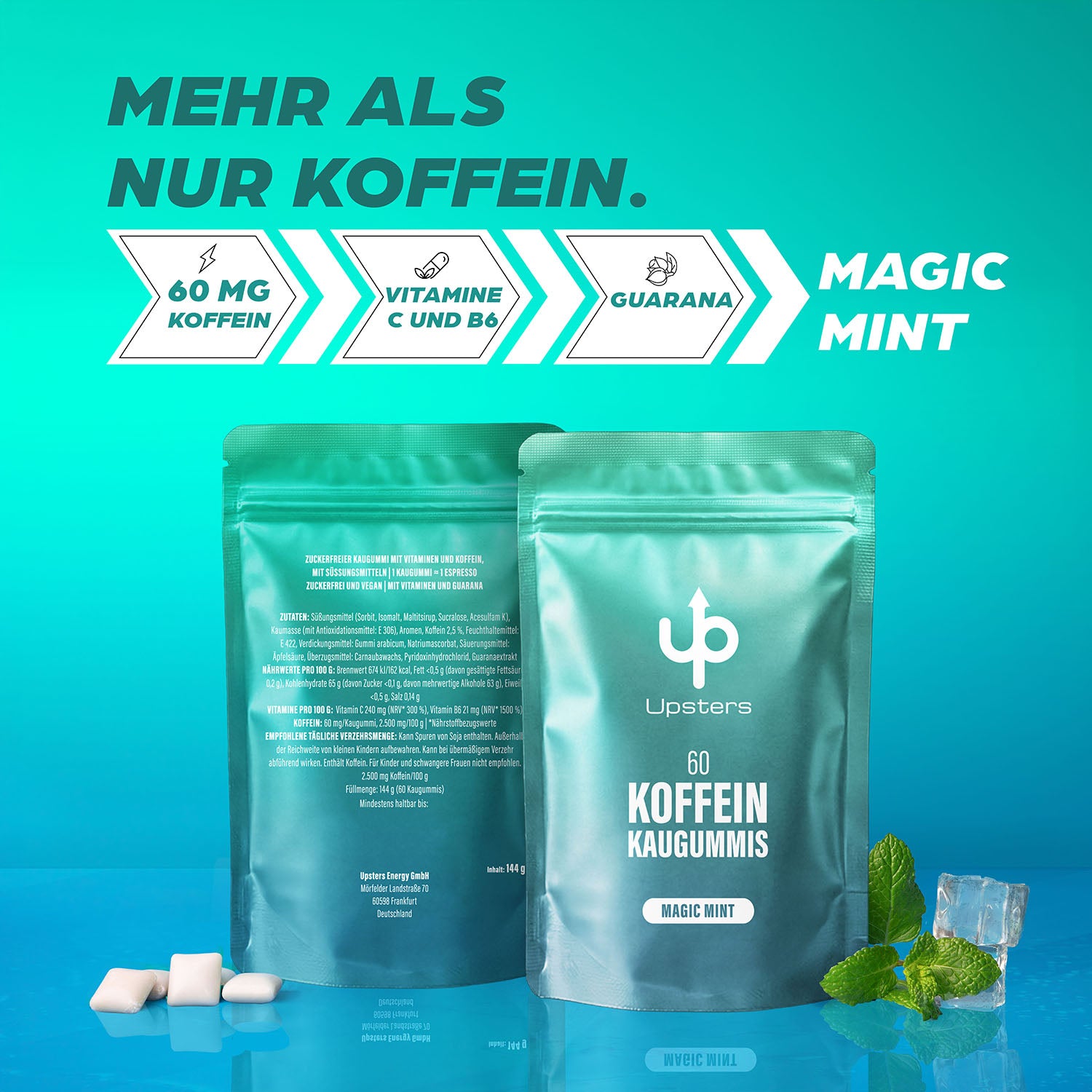 Koffein Kaugummi Magic Mint – 60 mg Koffein, vegan, zuckerfrei - Refillpack