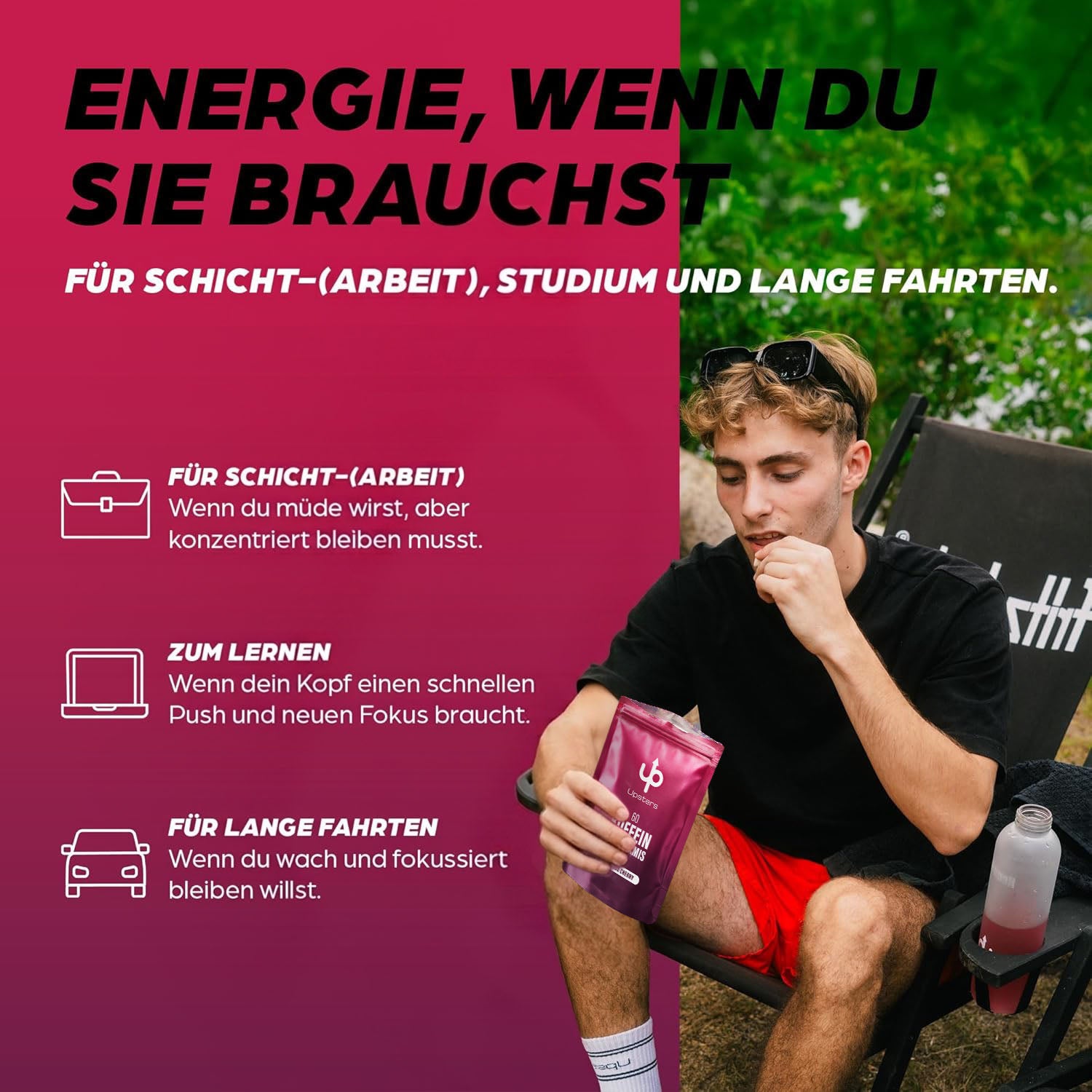 Koffein Kaugummi Childhood Cherry – 52 mg Koffein, vegan, zuckerfrei - Refillpack + Dose